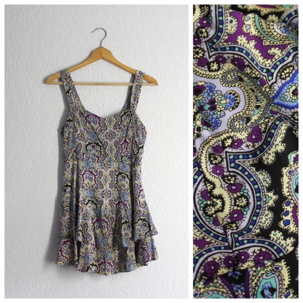 Free People Paisley in Tiers Mini Dress bohemian  tiered ruffle sleeveless sz 0